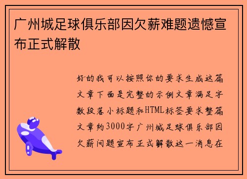 广州城足球俱乐部因欠薪难题遗憾宣布正式解散