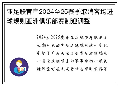 亚足联官宣2024至25赛季取消客场进球规则亚洲俱乐部赛制迎调整 亚足联官宣2024至25赛季取消客场进球规则亚洲俱乐部赛制迎调整